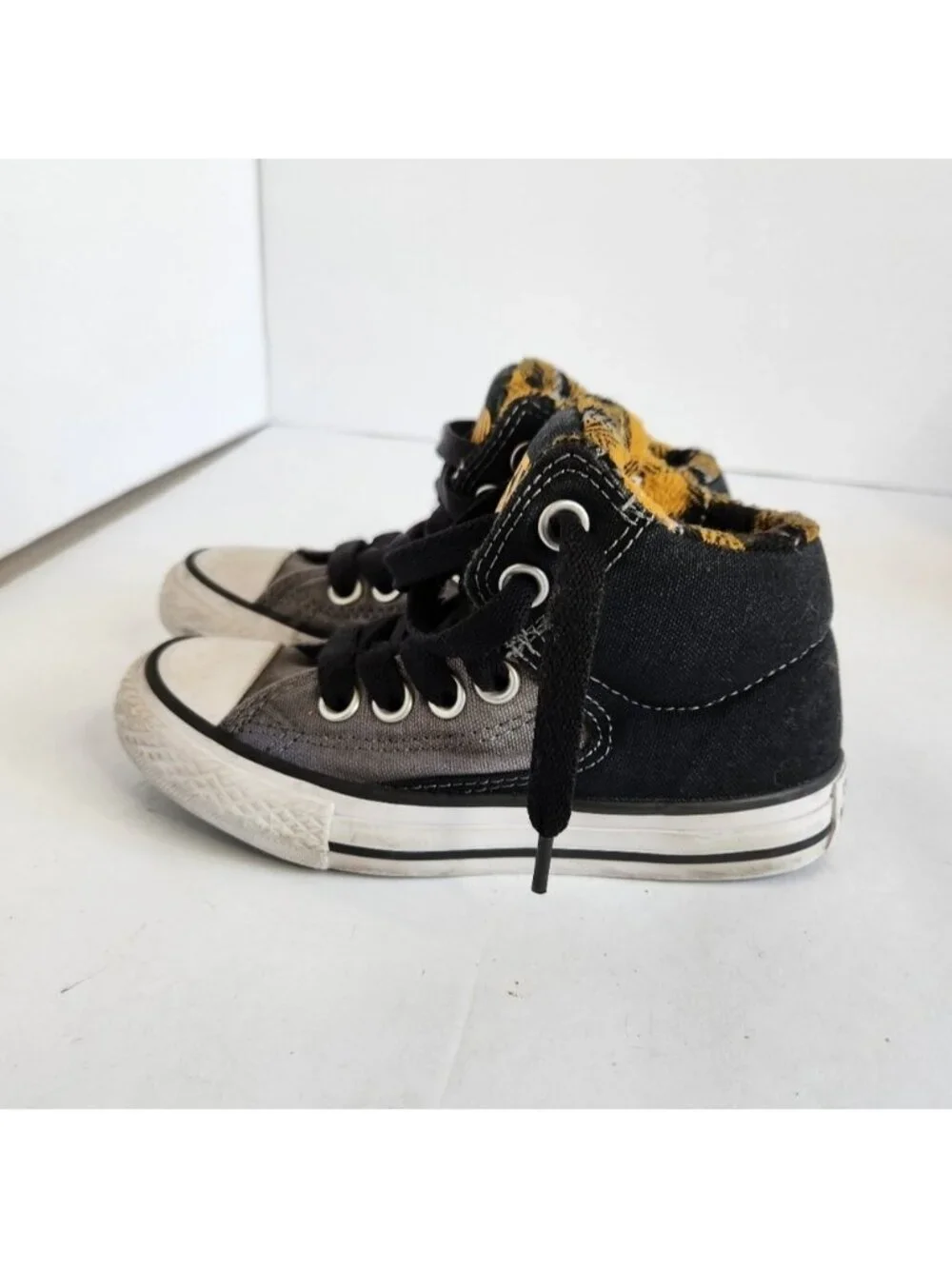 Converse Kids Black Gray Hi Top Sneakers Shoes Yellow Plaid Skater School 11